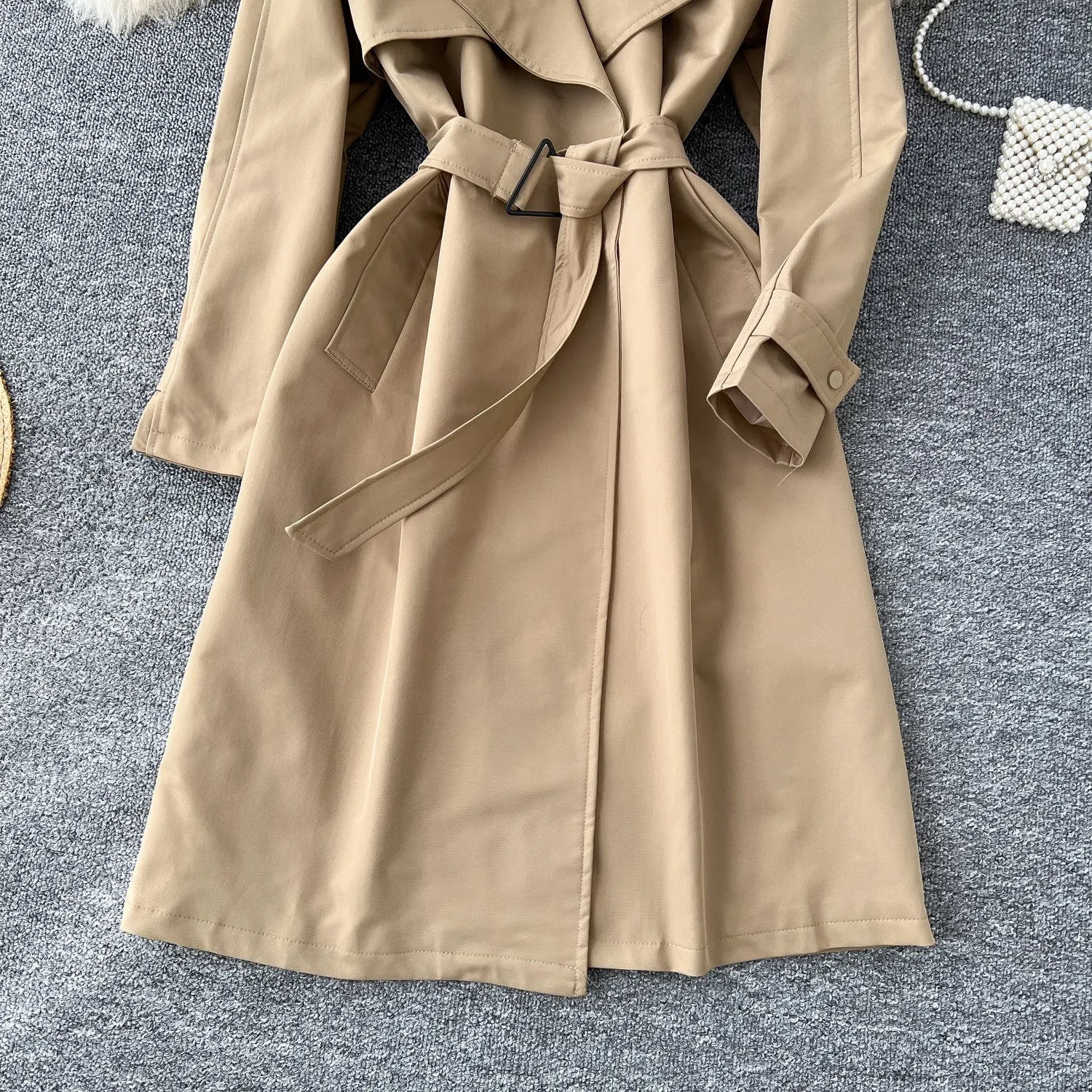 Casual Lapeled Lace-up Trench Coat