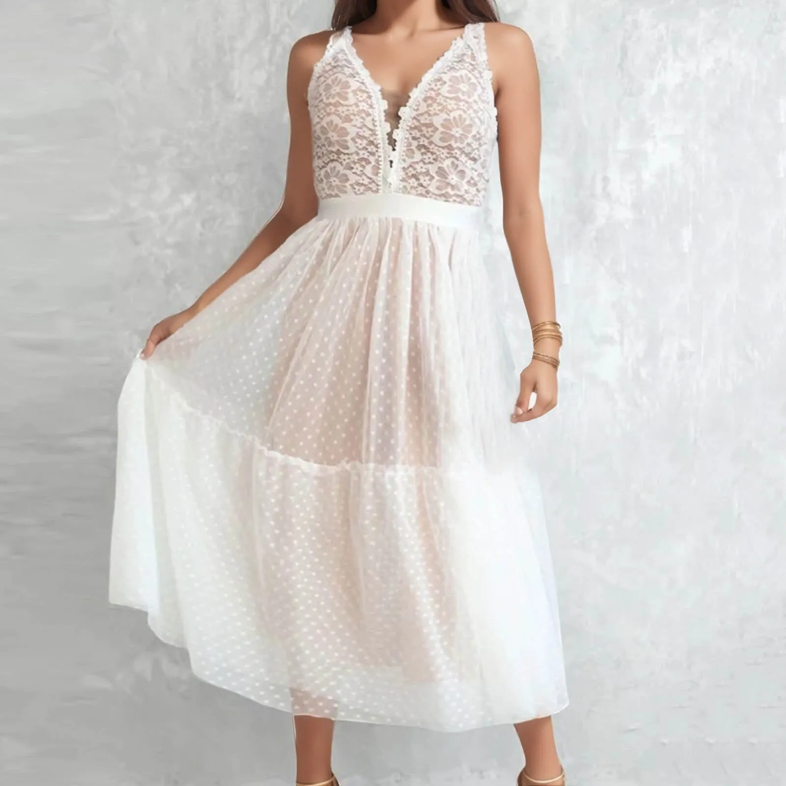 Casual Sleeveless Lace Patchwork V-Neck Midi Dress