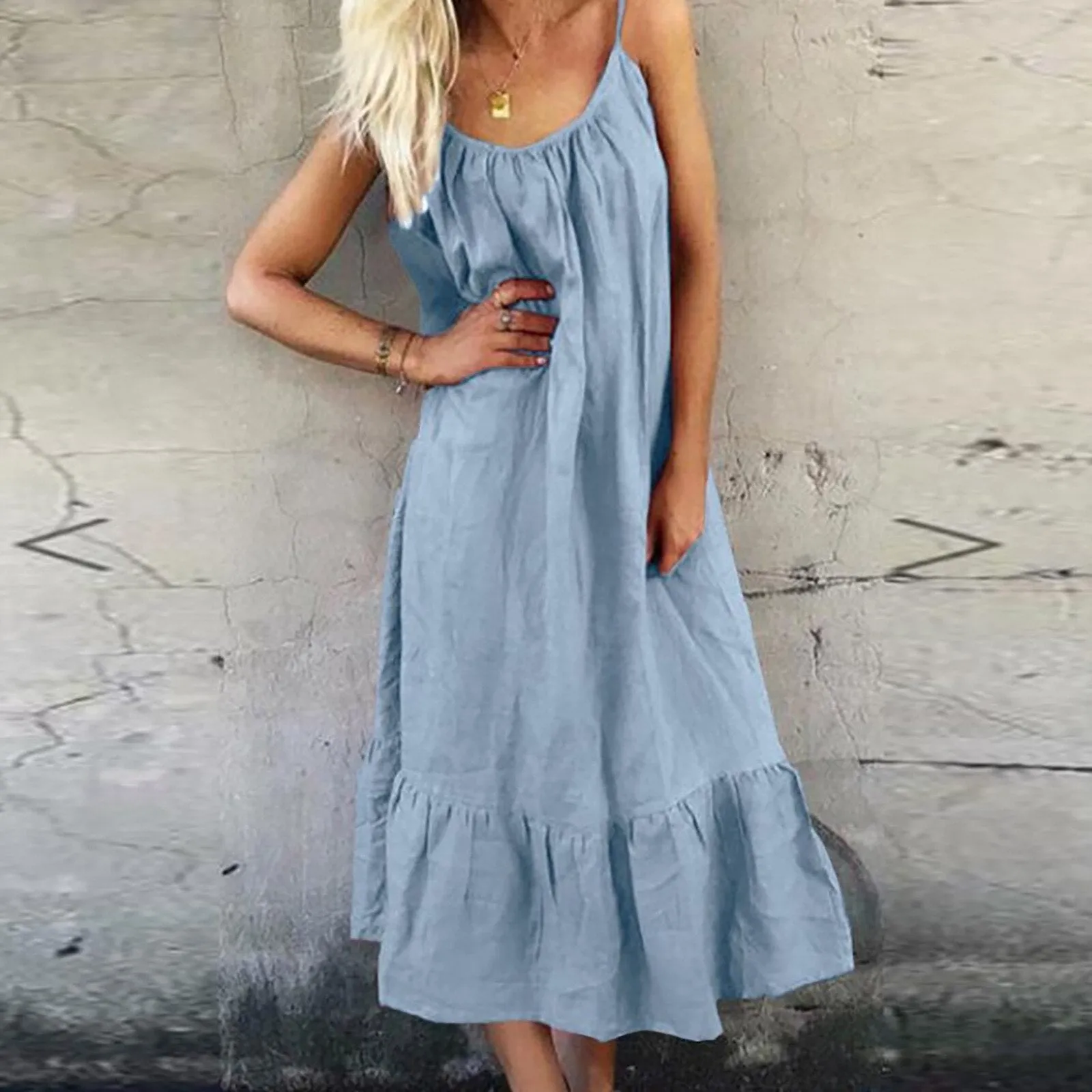 Casual Spaghetti Strap Solid Color Midi Dress