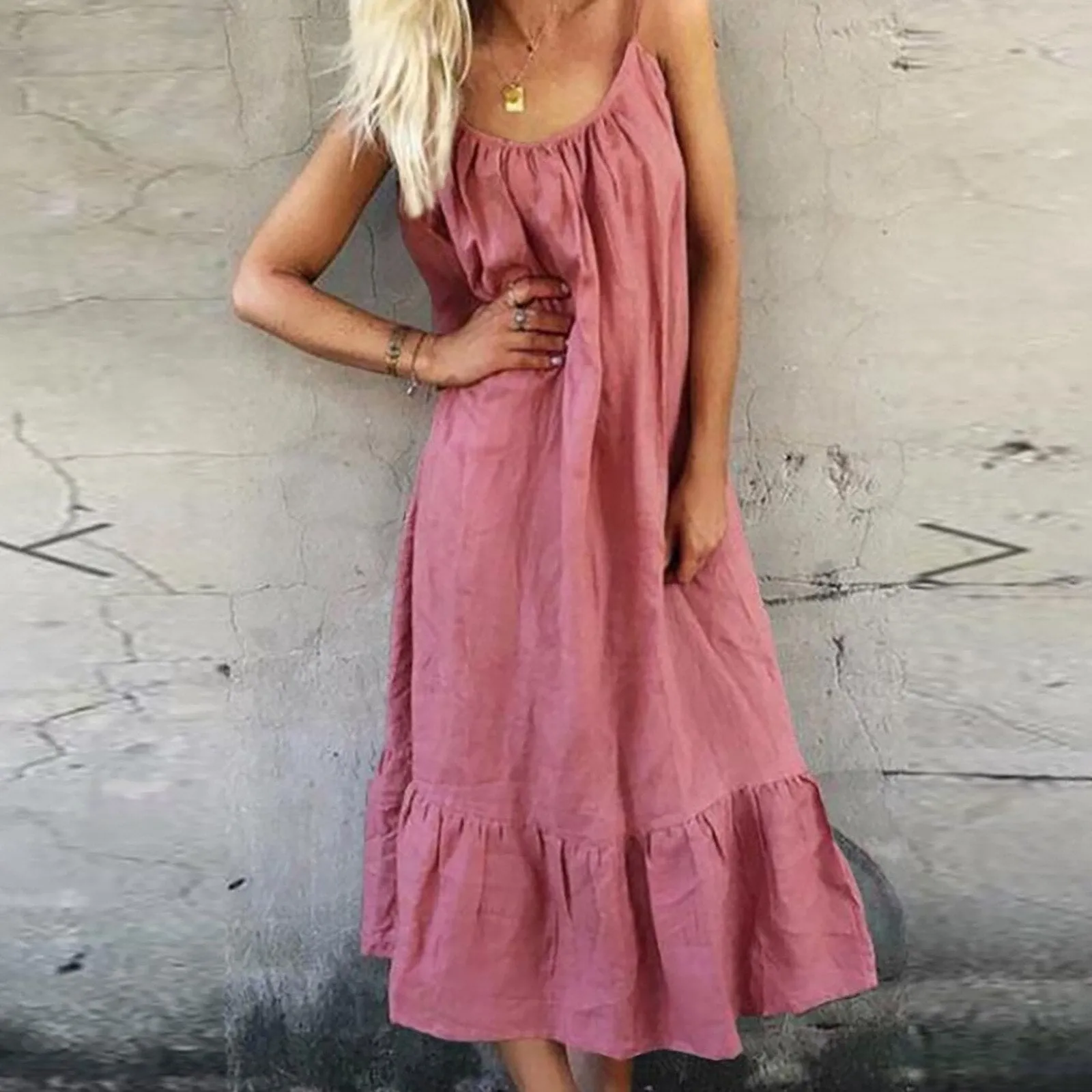 Casual Spaghetti Strap Solid Color Midi Dress