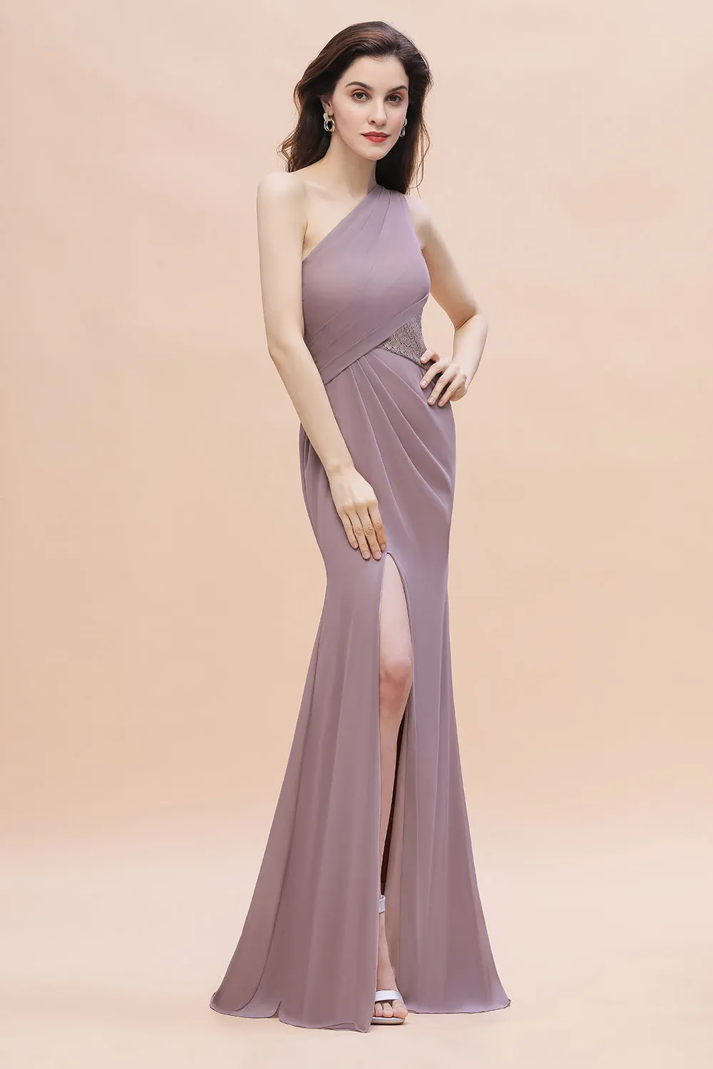 Charming Long Mermaid One Shoulder Chiffon Bridesmaid Dresses With Slit