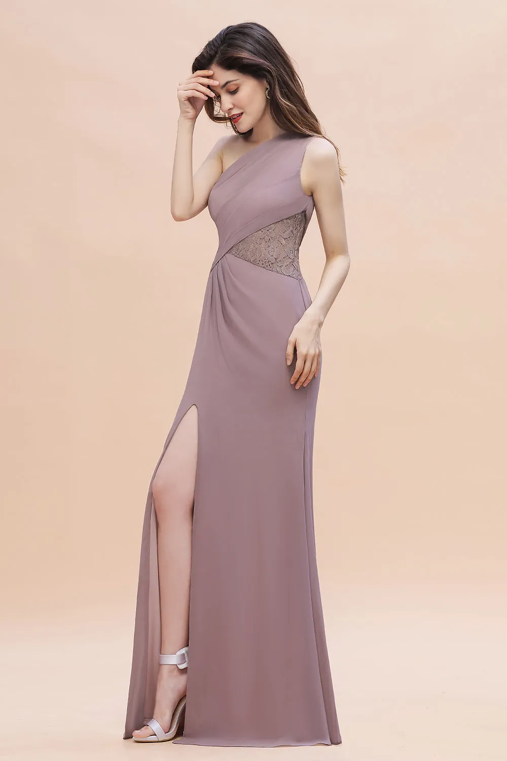 Charming Long Mermaid One Shoulder Chiffon Bridesmaid Dresses With Slit