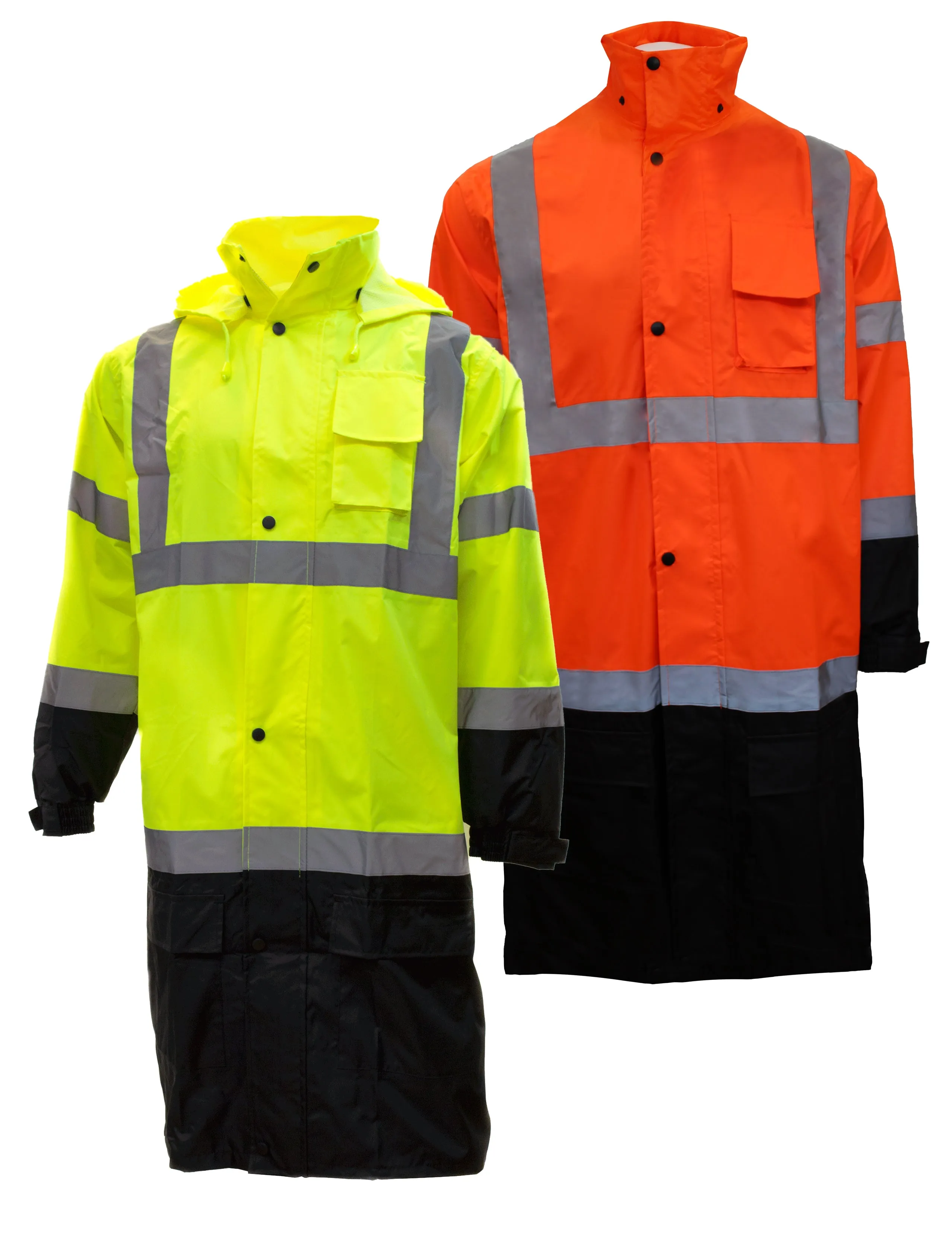 Class 3 Reflective Hi-Viz Black Bottom Long Rain Coat (Lime/Orange)