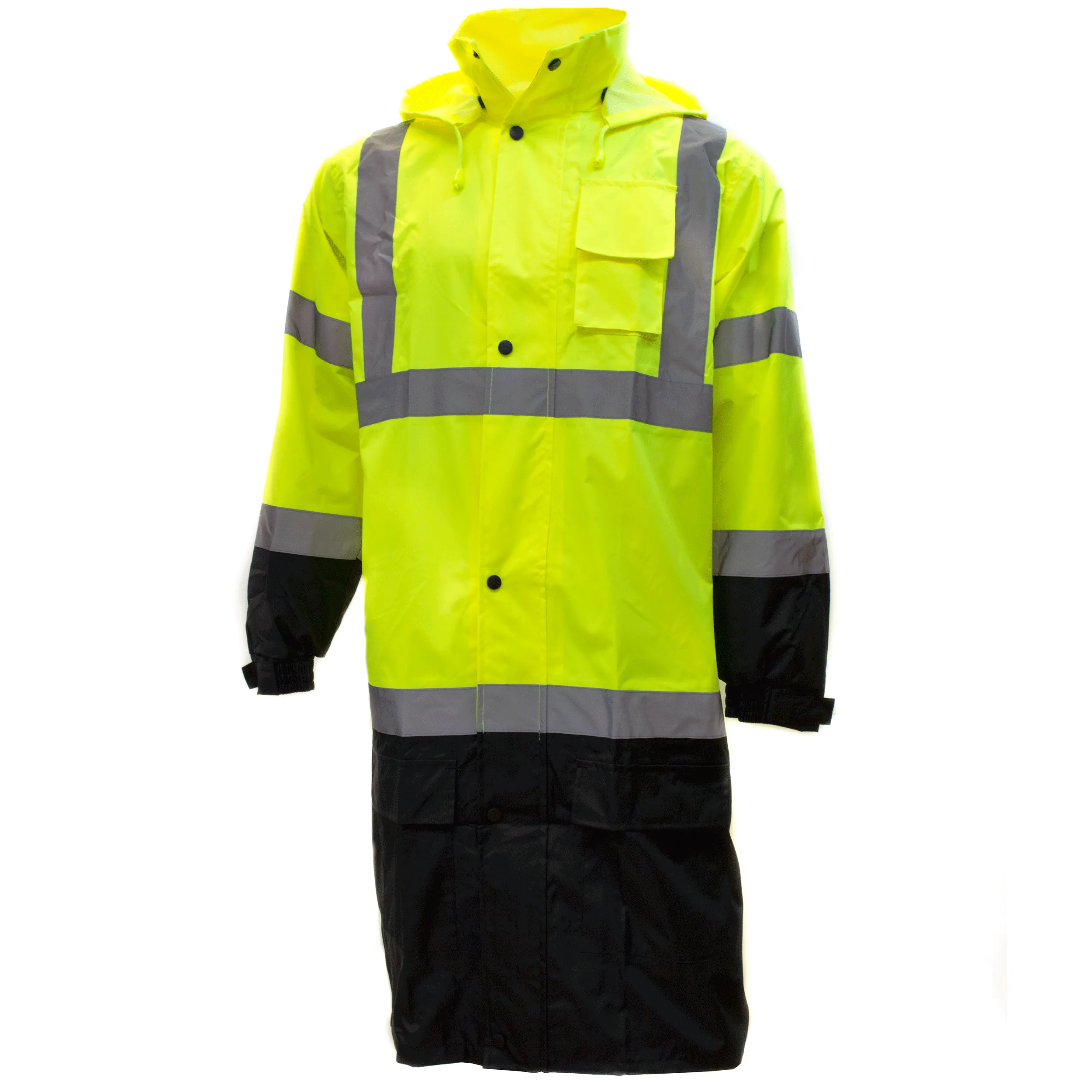 Class 3 Reflective Hi-Viz Black Bottom Long Rain Coat (Lime/Orange)