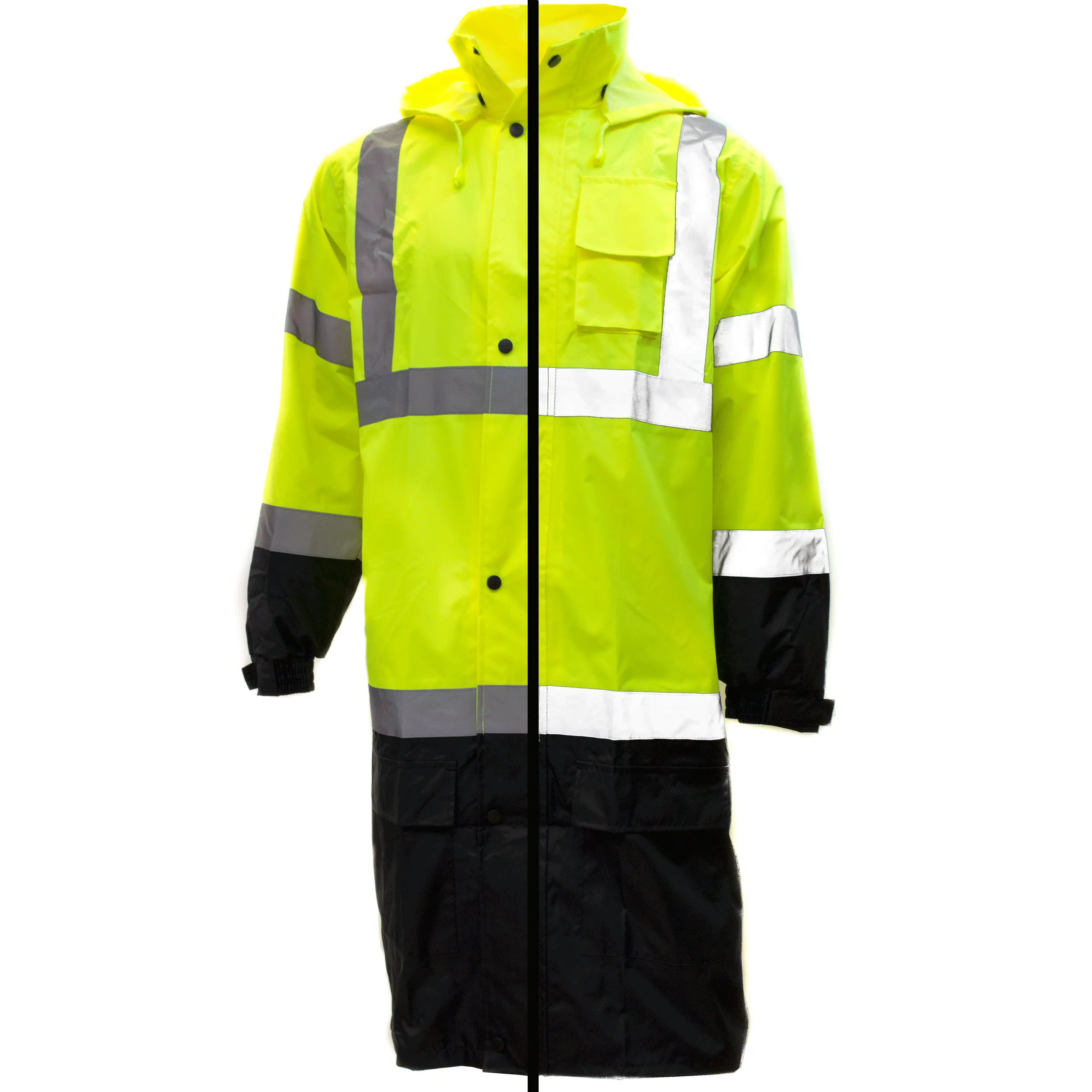 Class 3 Reflective Hi-Viz Black Bottom Long Rain Coat (Lime/Orange)