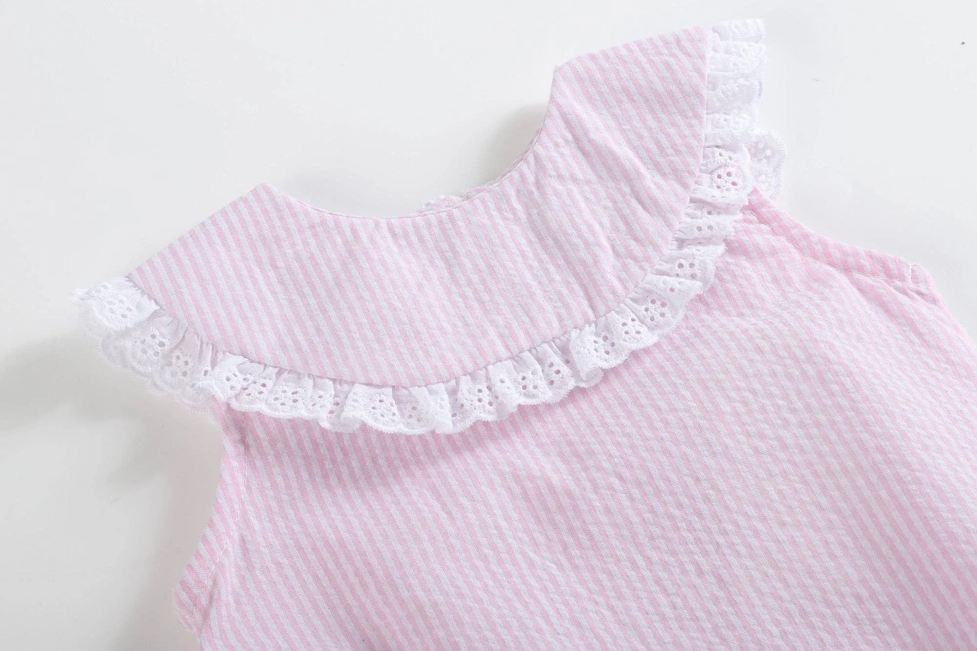 Classic Light Pink Seersucker Collared Baby Bubble Romper