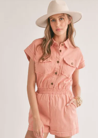 Clear Eyes Denim Romper, Coral Pink