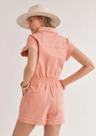 Clear Eyes Denim Romper, Coral Pink