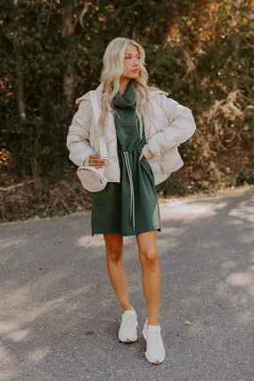 Coffee Shop Cutie Drawstring Mini Dress in Hunter Green