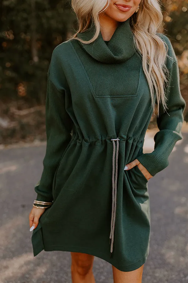 Coffee Shop Cutie Drawstring Mini Dress in Hunter Green