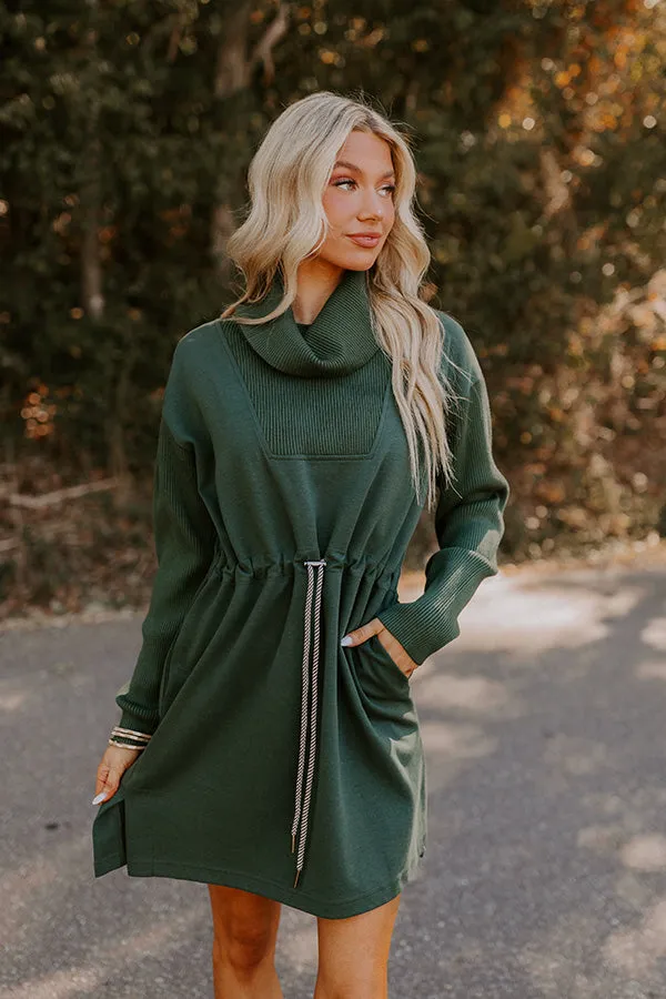 Coffee Shop Cutie Drawstring Mini Dress in Hunter Green