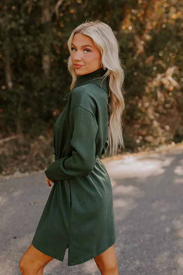 Coffee Shop Cutie Drawstring Mini Dress in Hunter Green