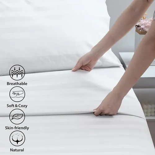 Cotton King Flat Sheet Only, 600 Thread Count 100% Egyptian Cotton Top Sheet 1Pcs, Cool & Breathable Flat Bed Sheets Wrinkle, Fade, Stain Resistant (White Stripe King)