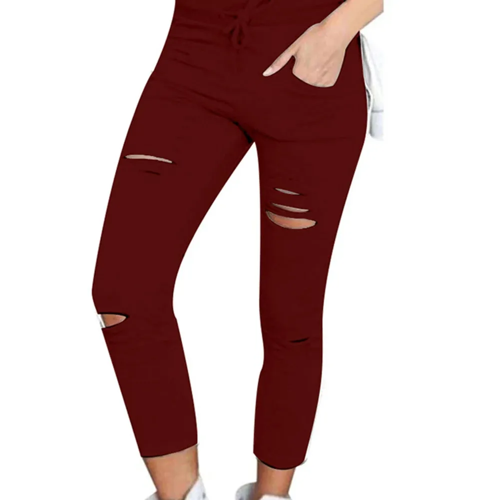 Cotton Spandex  Solid Color Drawstring High Waist Stretchy  Drawstring Pencil Pants Ripped Skinny Leggings woman pants