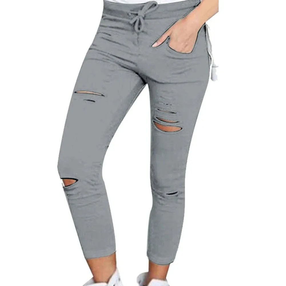 Cotton Spandex  Solid Color Drawstring High Waist Stretchy  Drawstring Pencil Pants Ripped Skinny Leggings woman pants