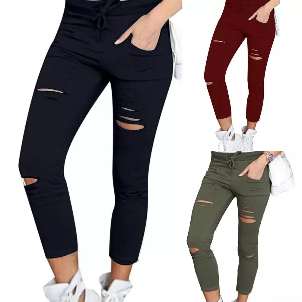 Cotton Spandex  Solid Color Drawstring High Waist Stretchy  Drawstring Pencil Pants Ripped Skinny Leggings woman pants