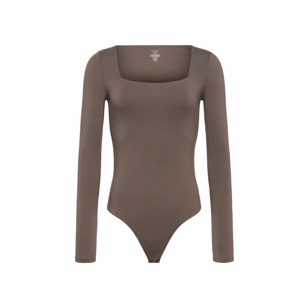 Cotton Stretch Long Sleeve Square Neck Bodysuit | Mocha