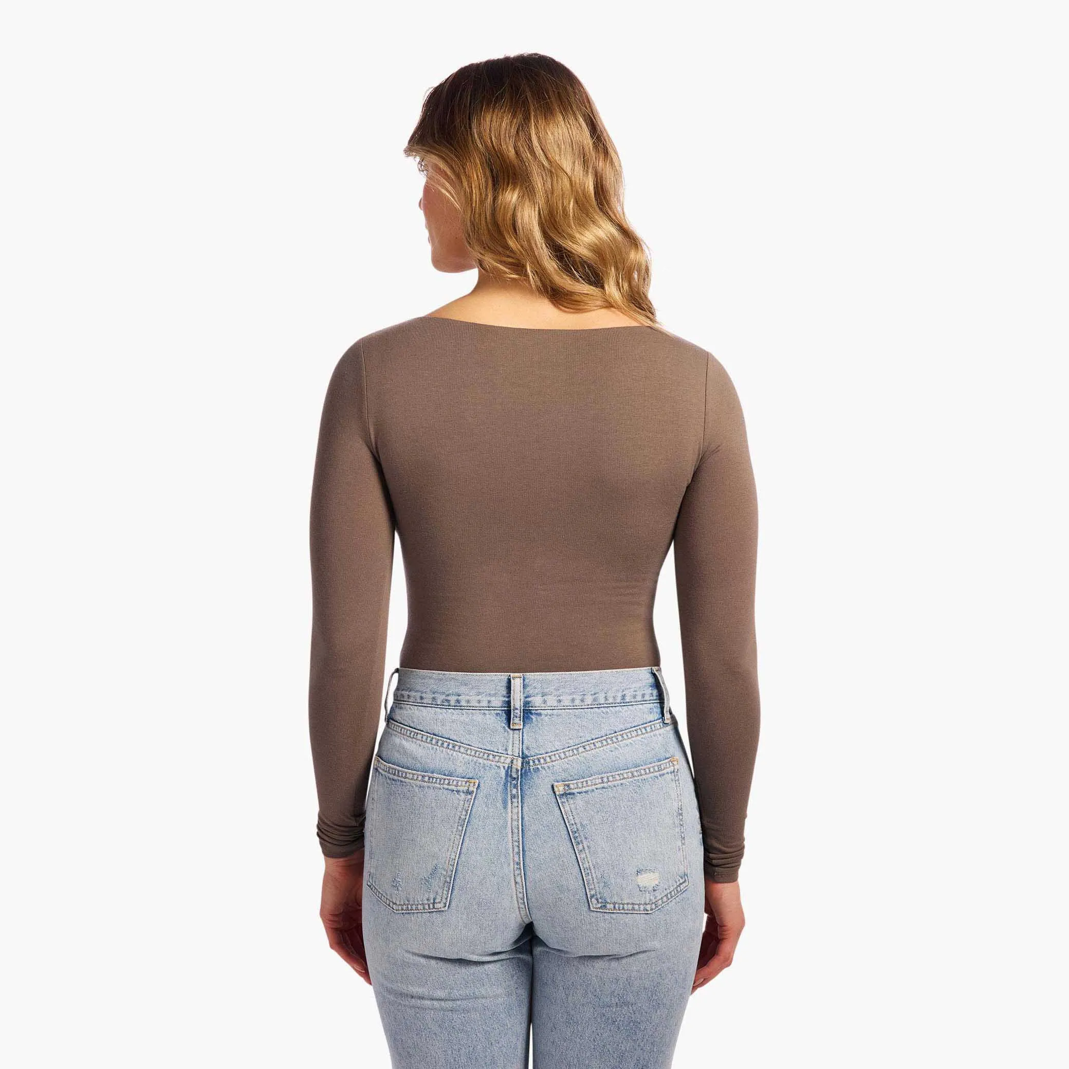 Cotton Stretch Long Sleeve Square Neck Bodysuit | Mocha