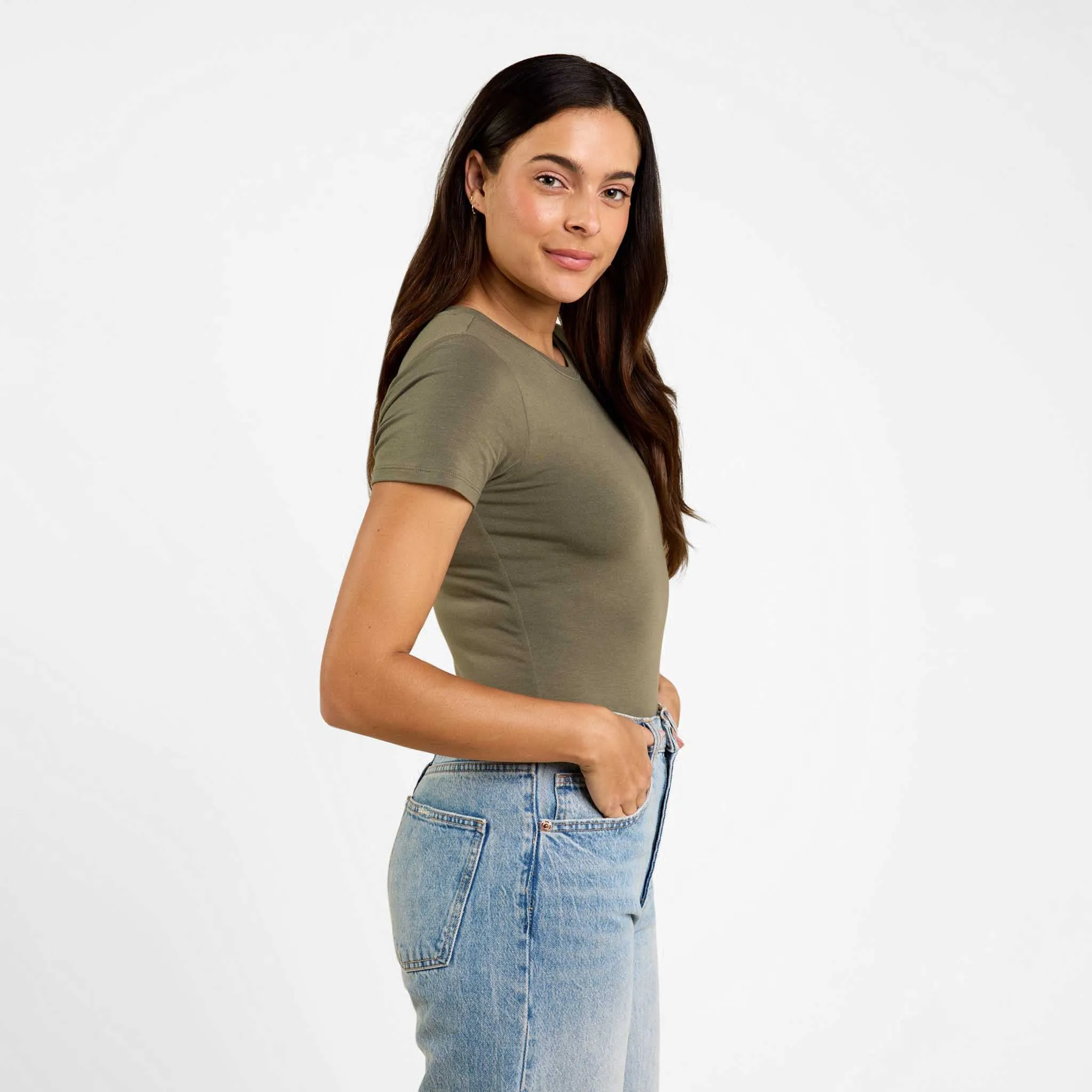 Cotton Stretch Short Sleeve Crewneck Bodysuit | Olive