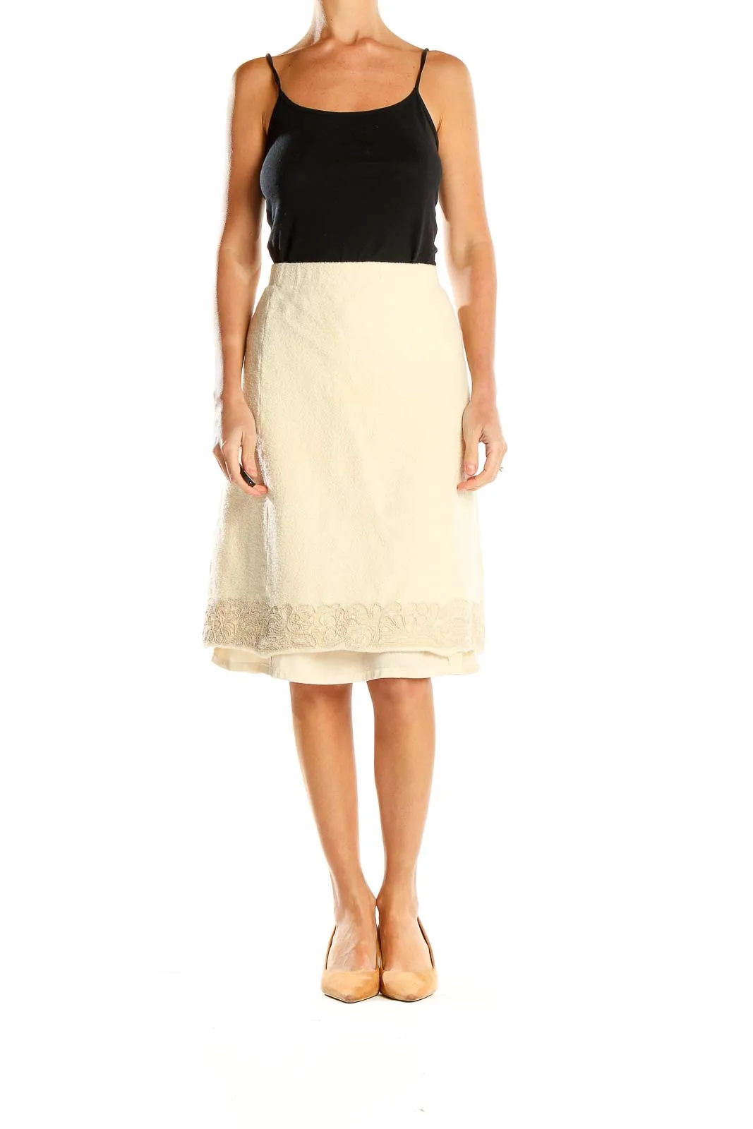 Cream Layered Lace-Trim A-Line Skirt