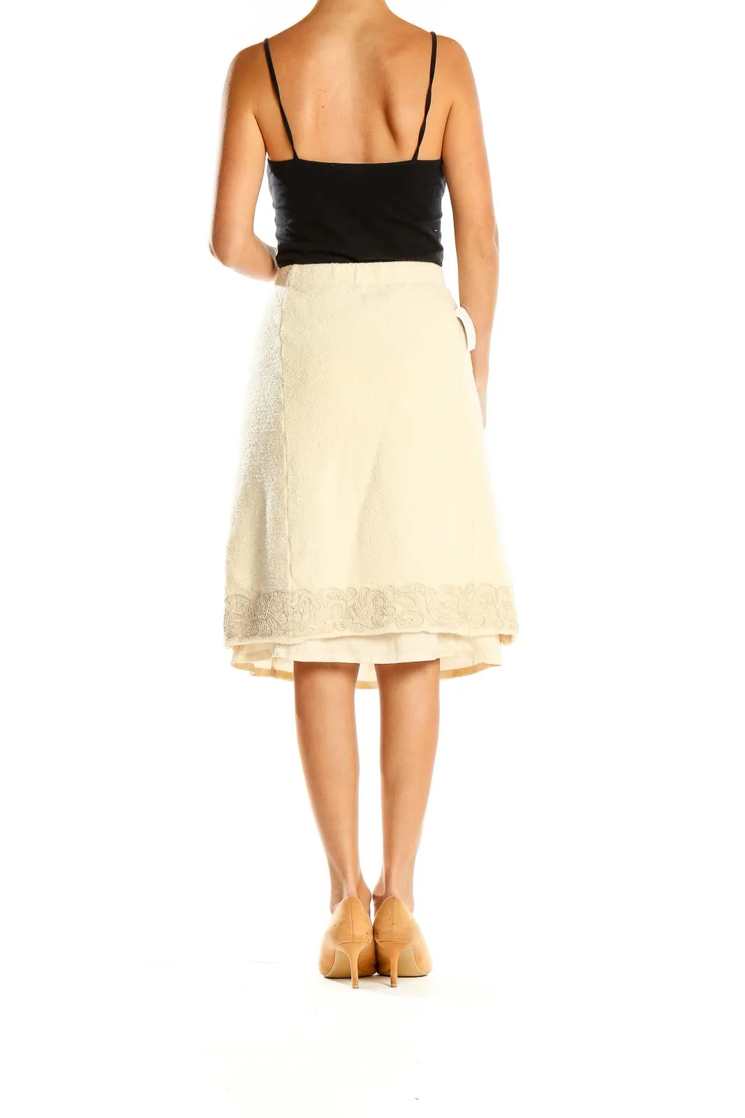 Cream Layered Lace-Trim A-Line Skirt