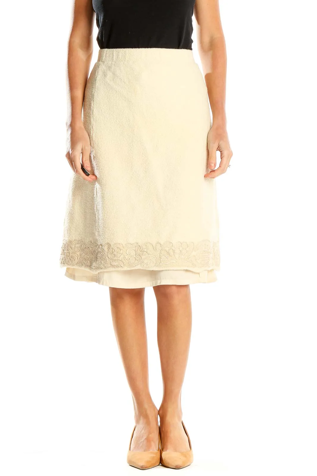 Cream Layered Lace-Trim A-Line Skirt