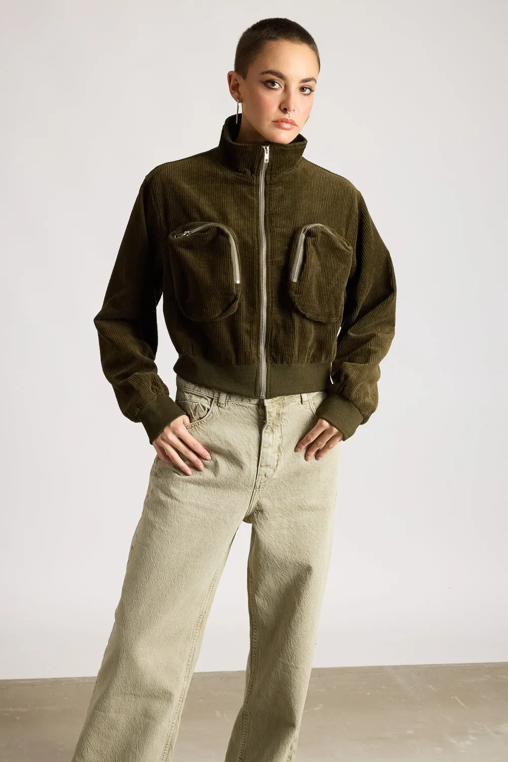 Cropped Corduroy Zip-Pocket Turtle Neck