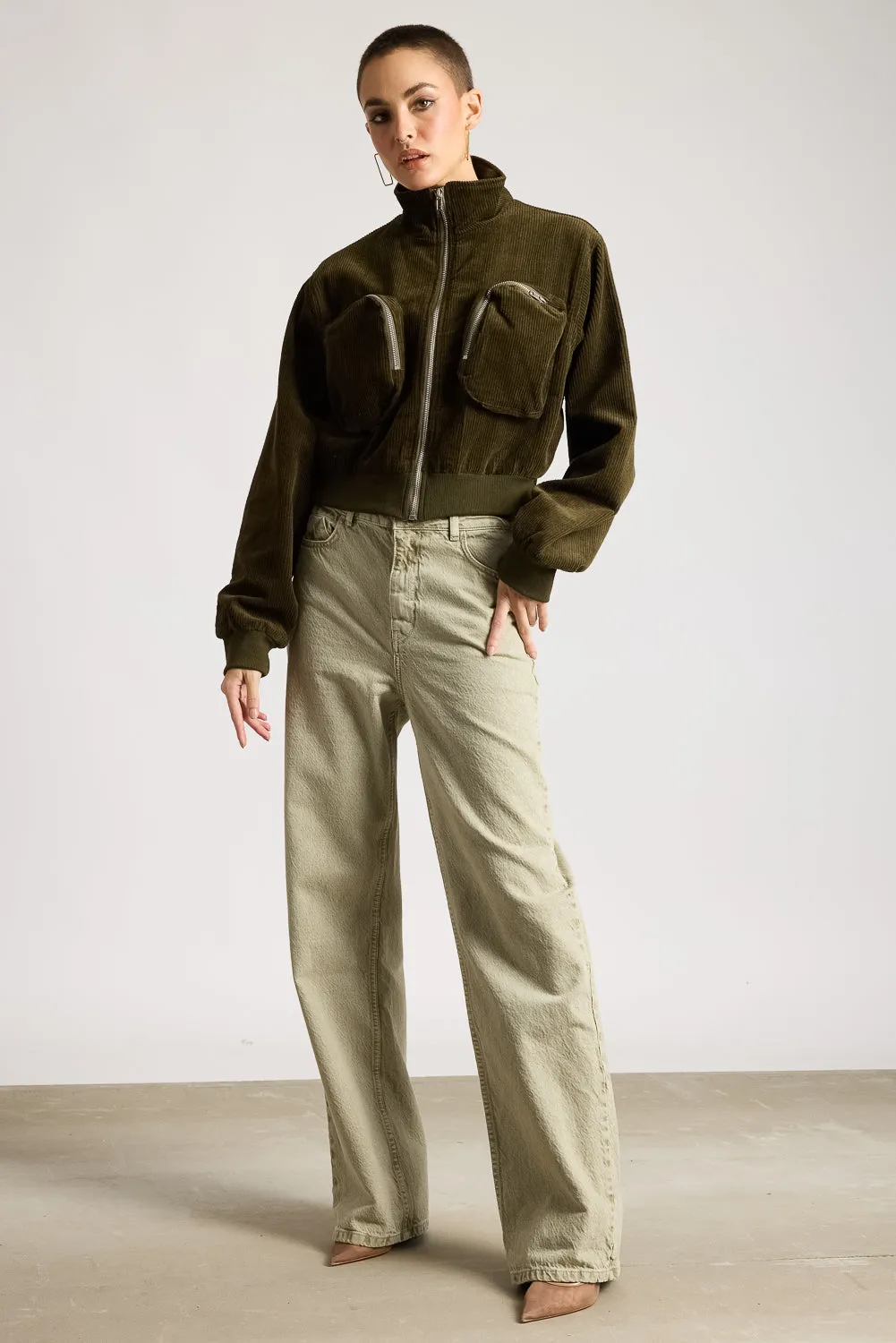 Cropped Corduroy Zip-Pocket Turtle Neck