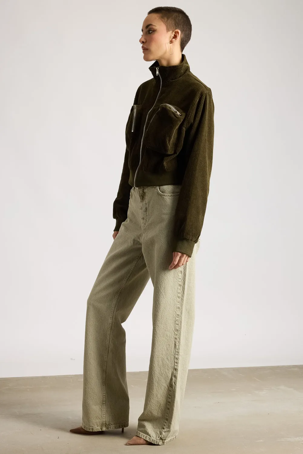 Cropped Corduroy Zip-Pocket Turtle Neck