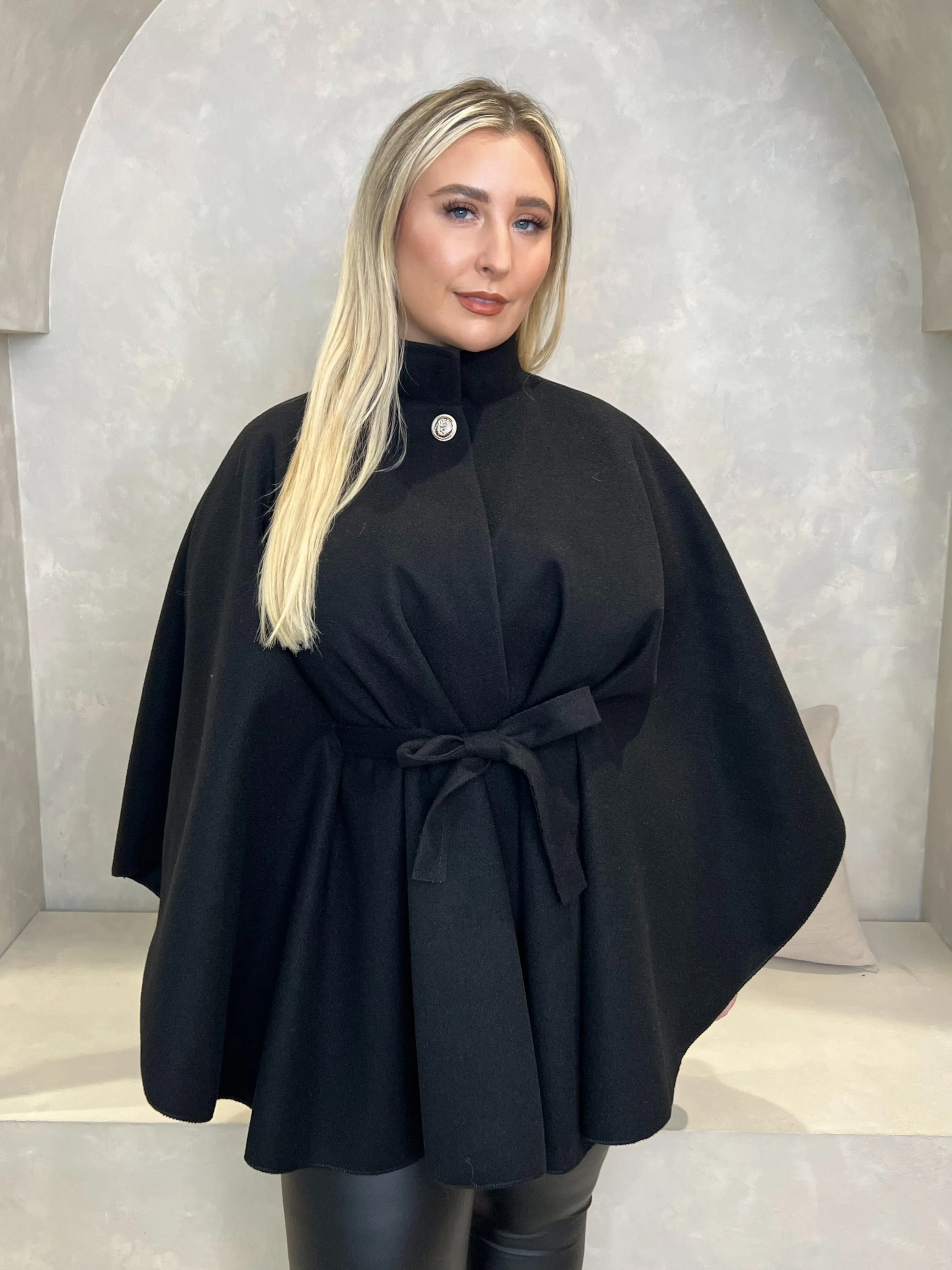 Curve Black Tie Belt Cape With Stand Up Collar