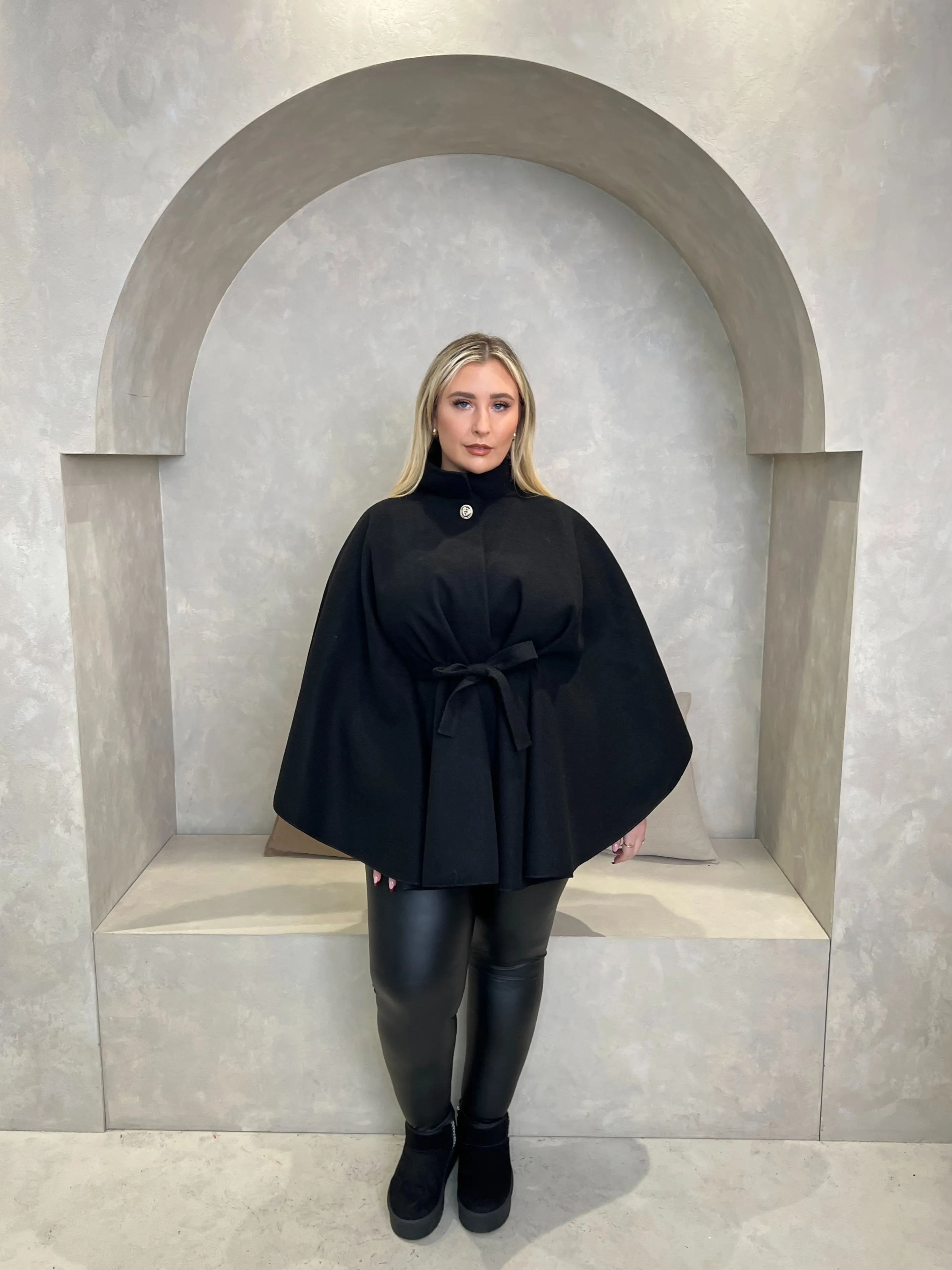 Curve Black Tie Belt Cape With Stand Up Collar