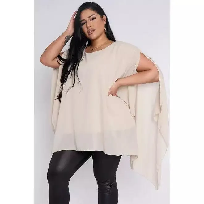 Dahlia PLUS SIZE Beige Sheer Cape Style Batwing Top