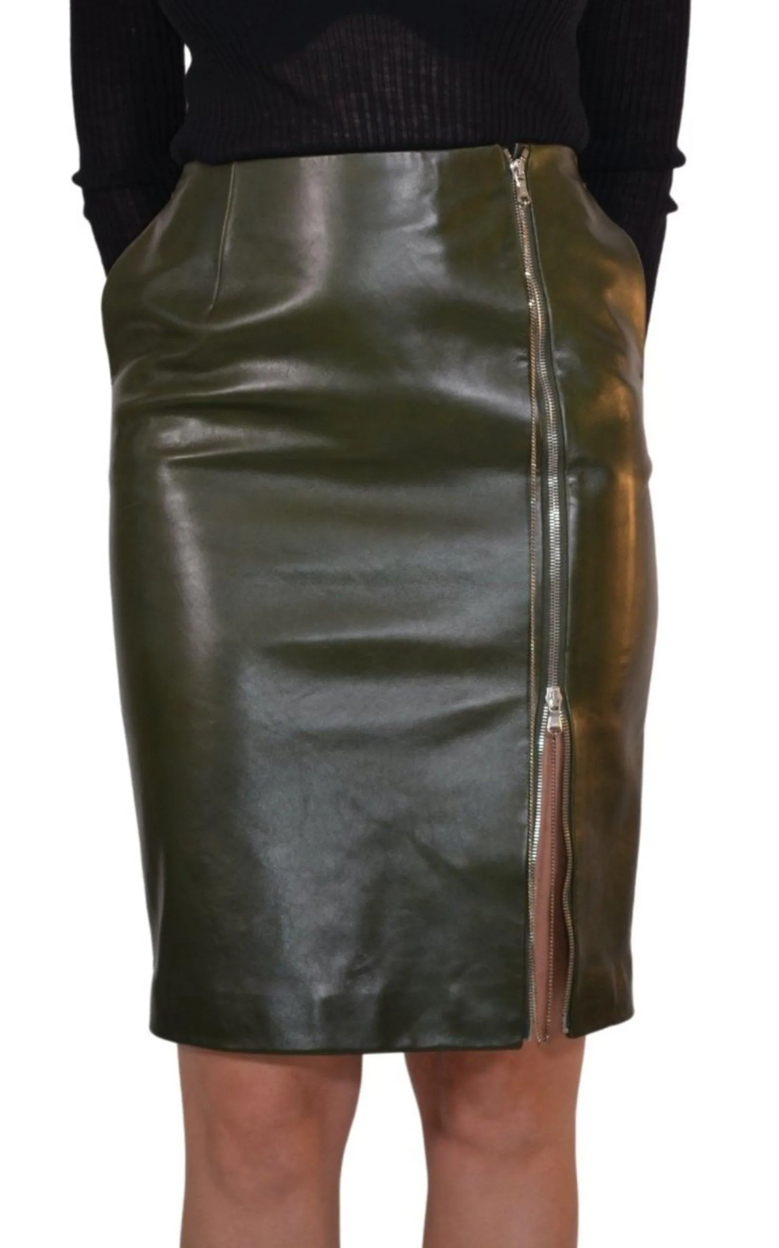 Dark Olive Green Front Zipper Leather Skirt