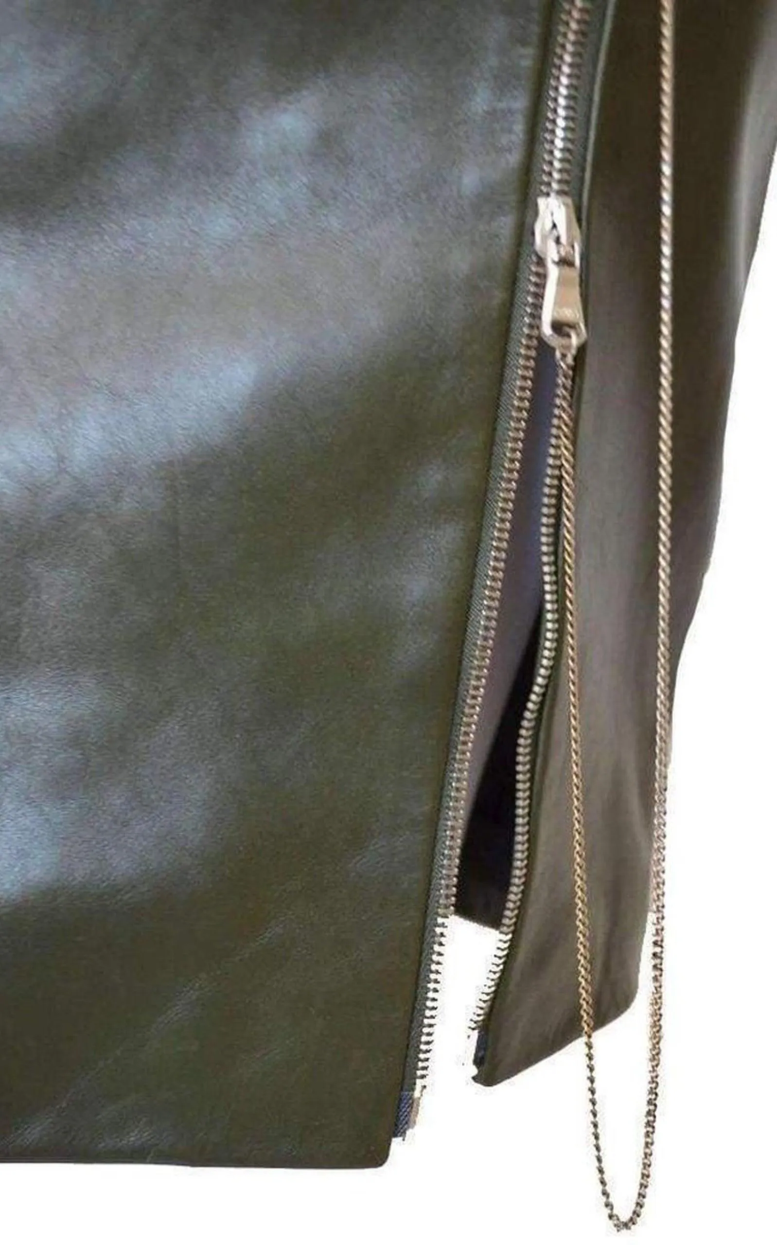 Dark Olive Green Front Zipper Leather Skirt