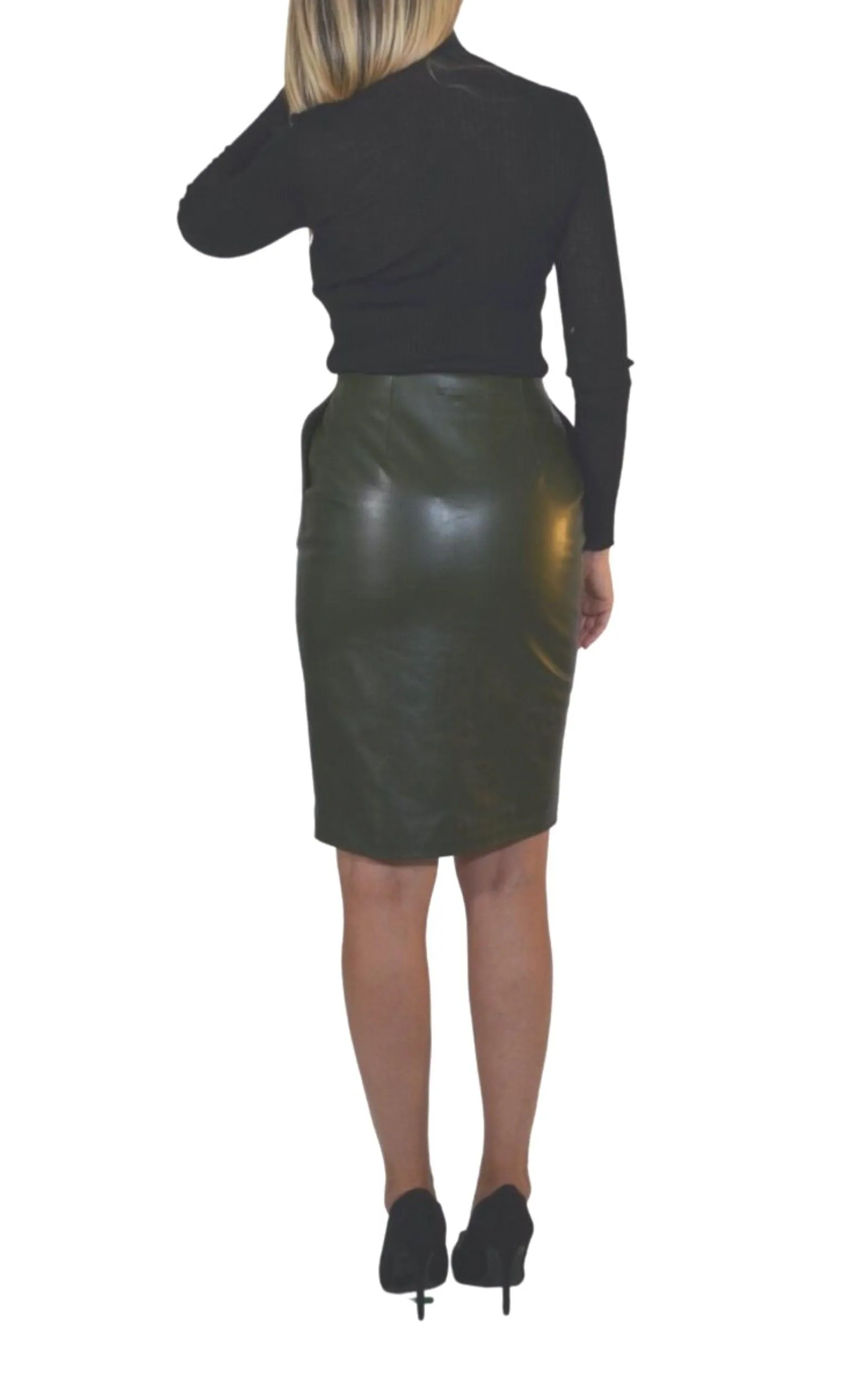 Dark Olive Green Front Zipper Leather Skirt