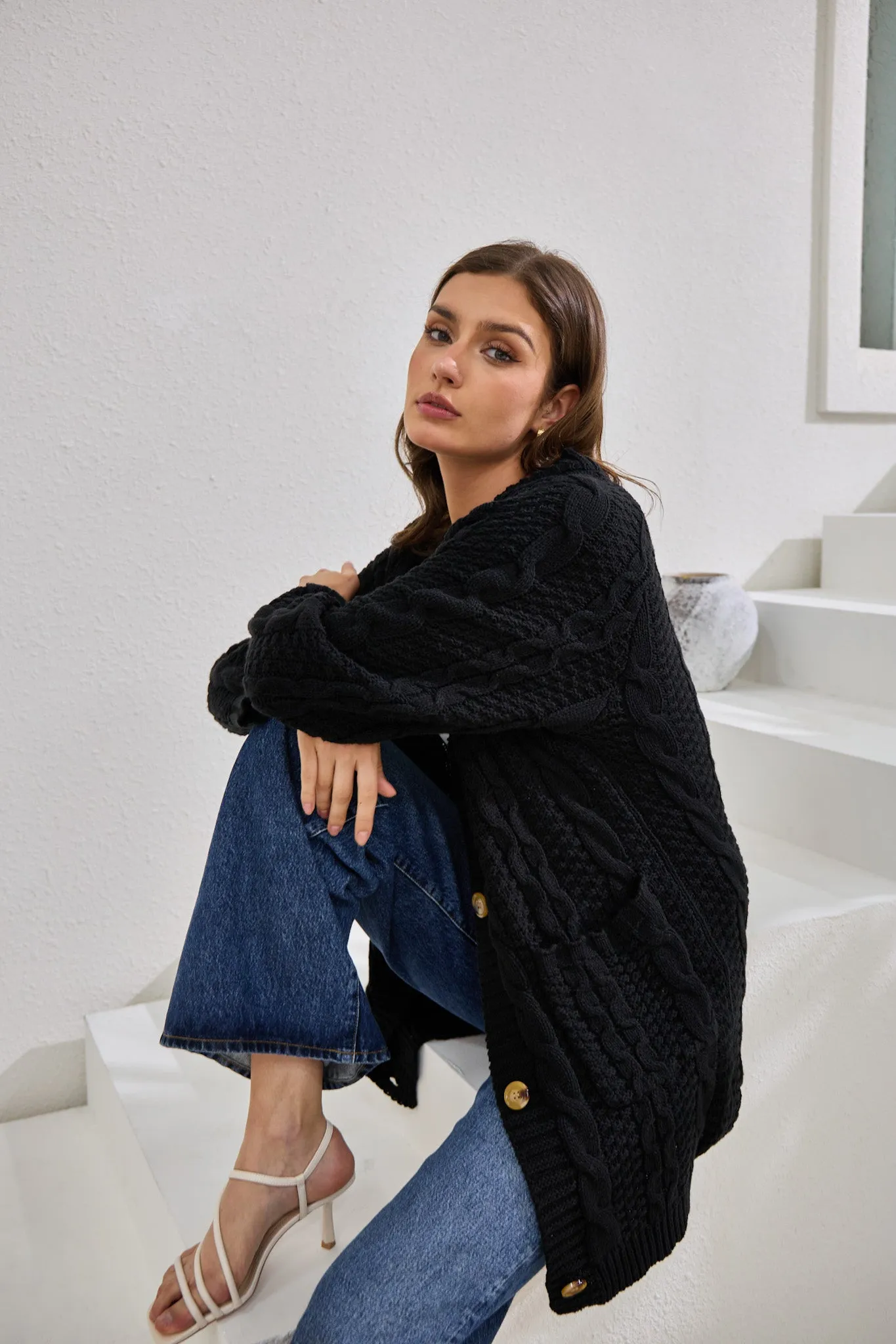 Dawn Black Longline Cable Knit Cardigan