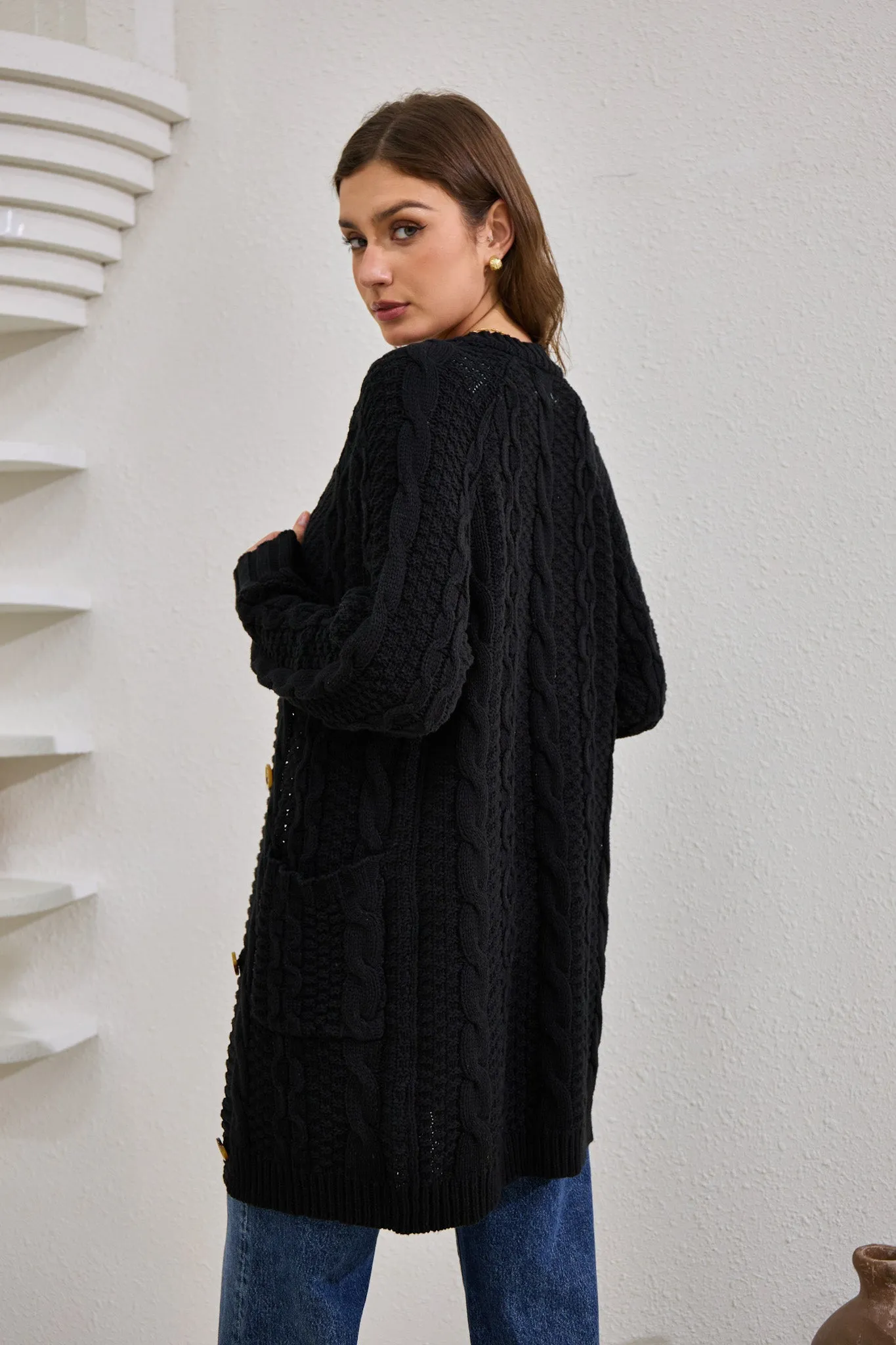 Dawn Black Longline Cable Knit Cardigan