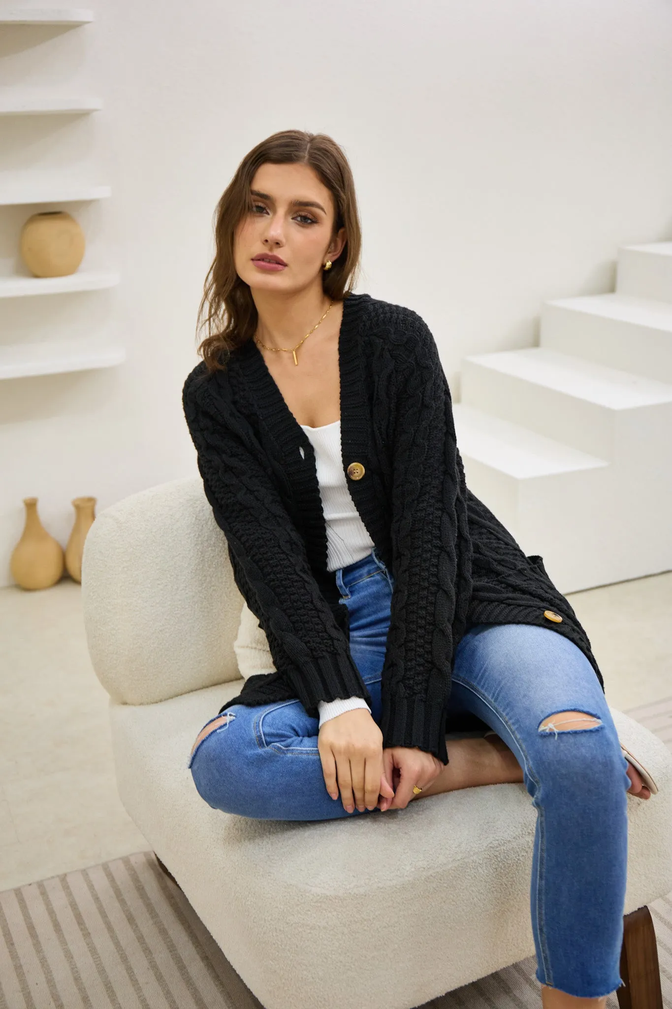 Dawn Black Longline Cable Knit Cardigan