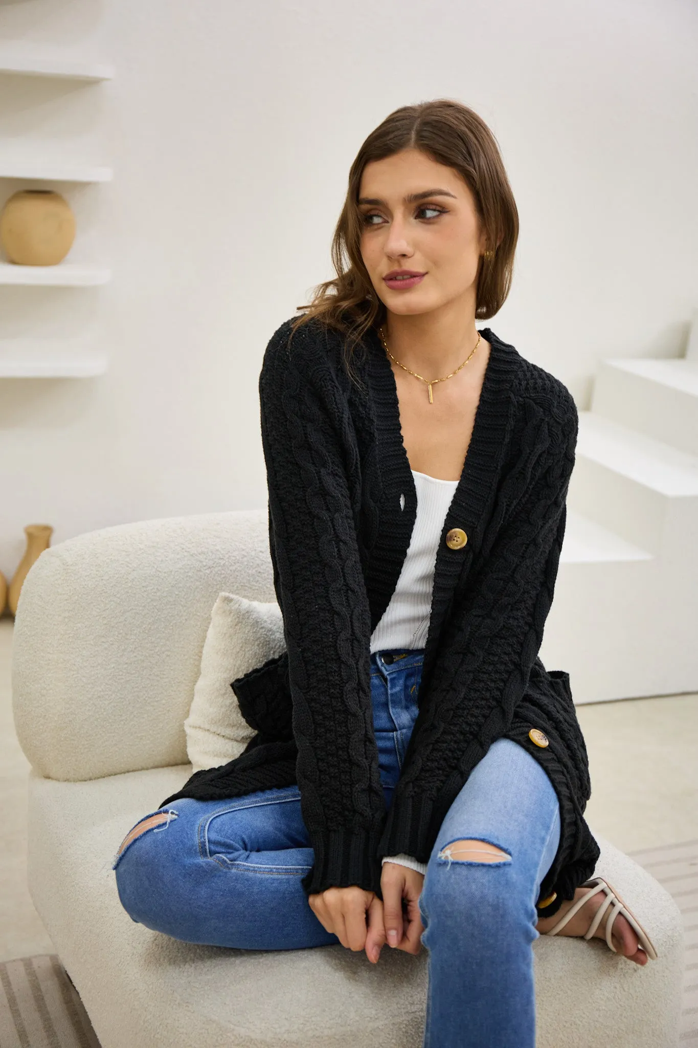 Dawn Black Longline Cable Knit Cardigan