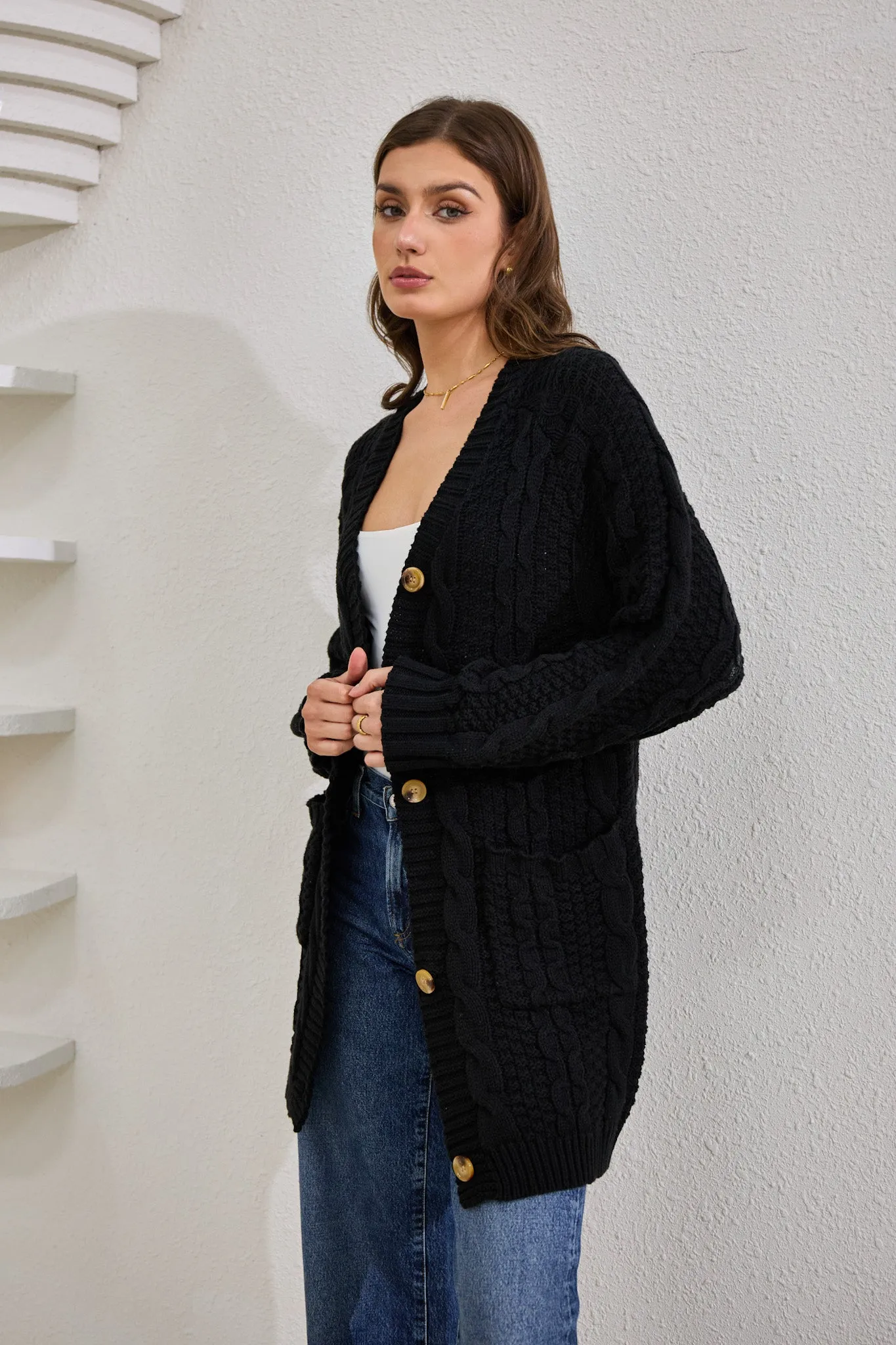 Dawn Black Longline Cable Knit Cardigan