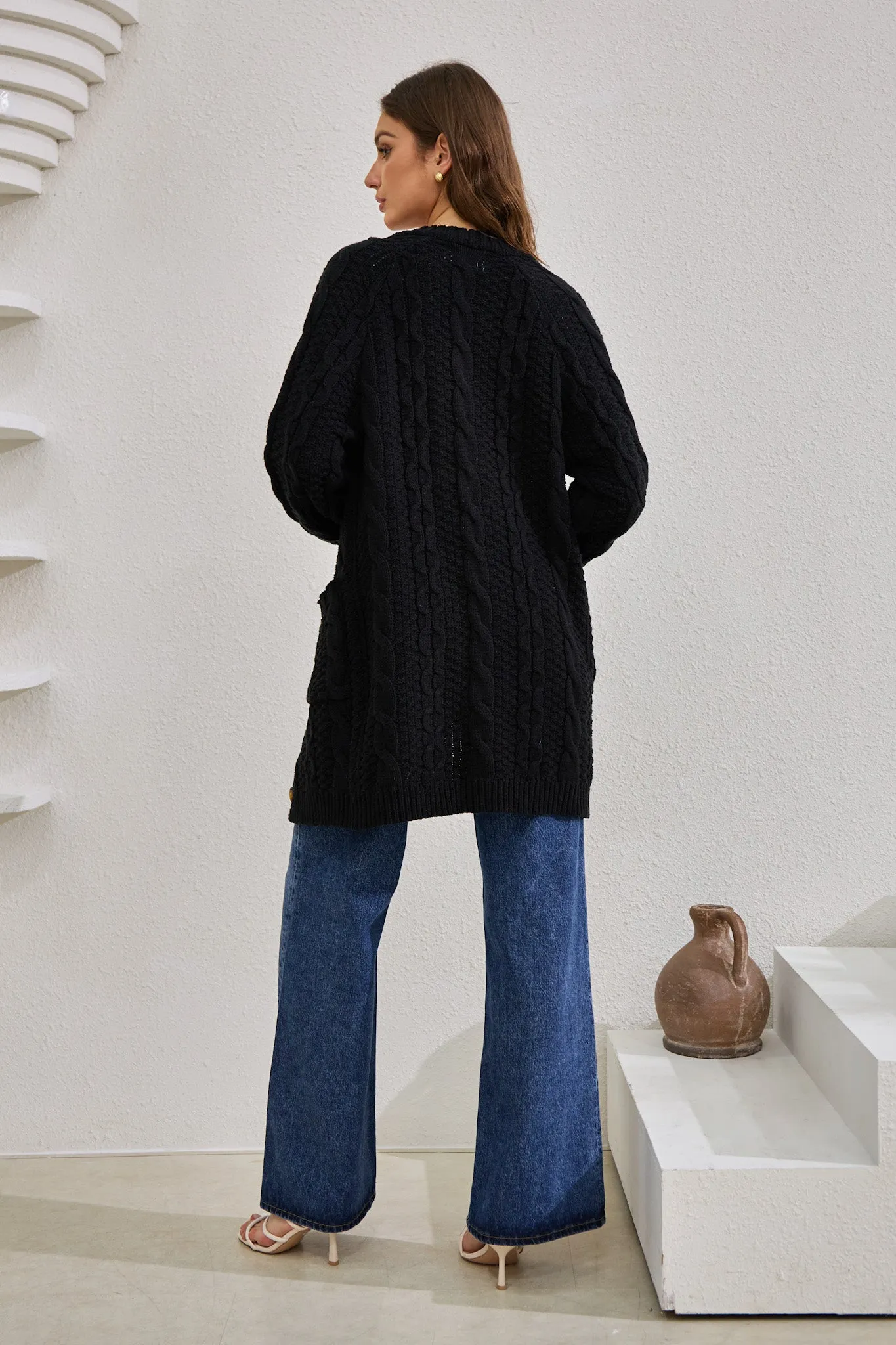 Dawn Black Longline Cable Knit Cardigan