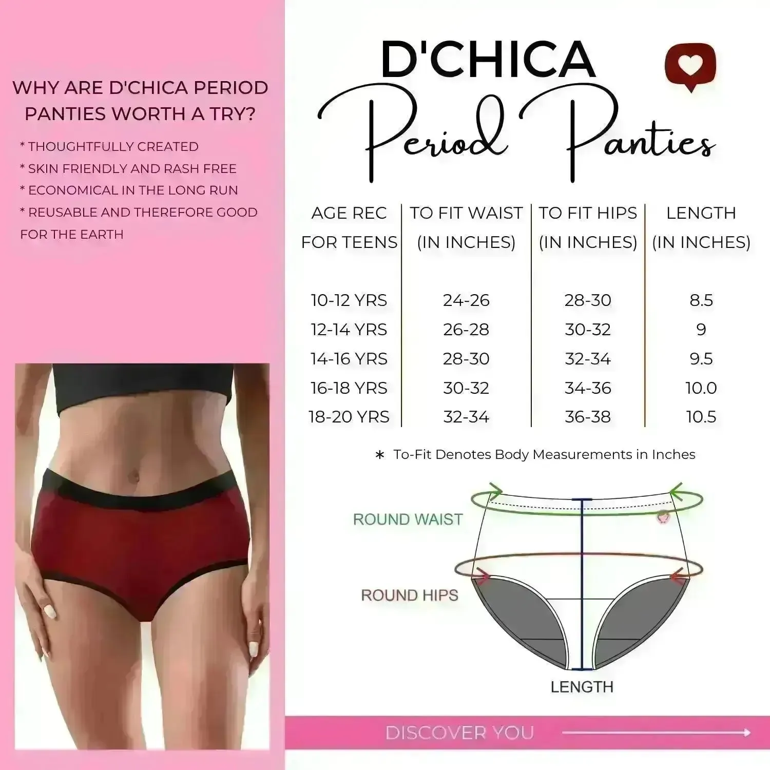 D'chica Self Love Eco-Friendly Period Panties Maroon, No Pad Required, PFOS PFAS Free