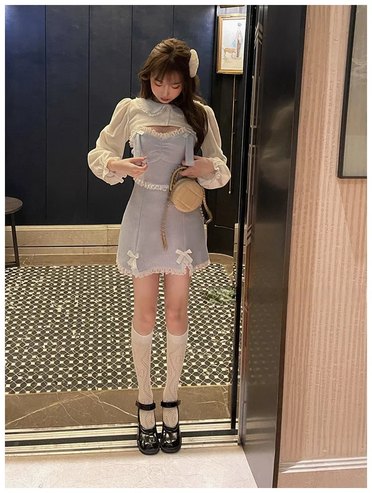 deanwangkt Lace Japanese Sweet Lolita Dress Women Bow Pink Kawaii Party Mini Dresses Female Blue Princess Korean Fashion Dresse Winter