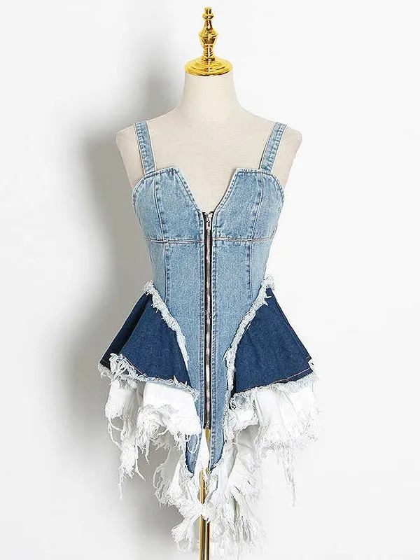 DENIM SQUARE  SPAGHETTI STRAP ROMPER