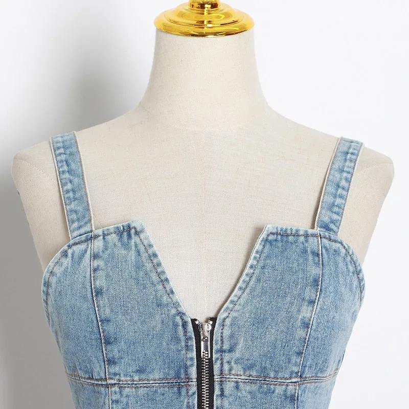 DENIM SQUARE  SPAGHETTI STRAP ROMPER