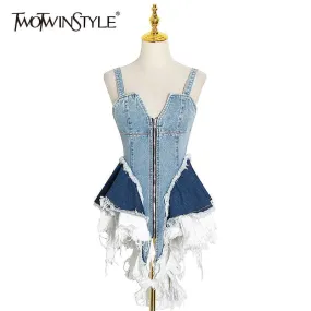 DENIM SQUARE  SPAGHETTI STRAP ROMPER