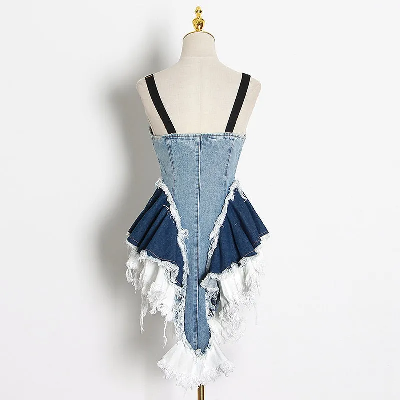 DENIM SQUARE  SPAGHETTI STRAP ROMPER