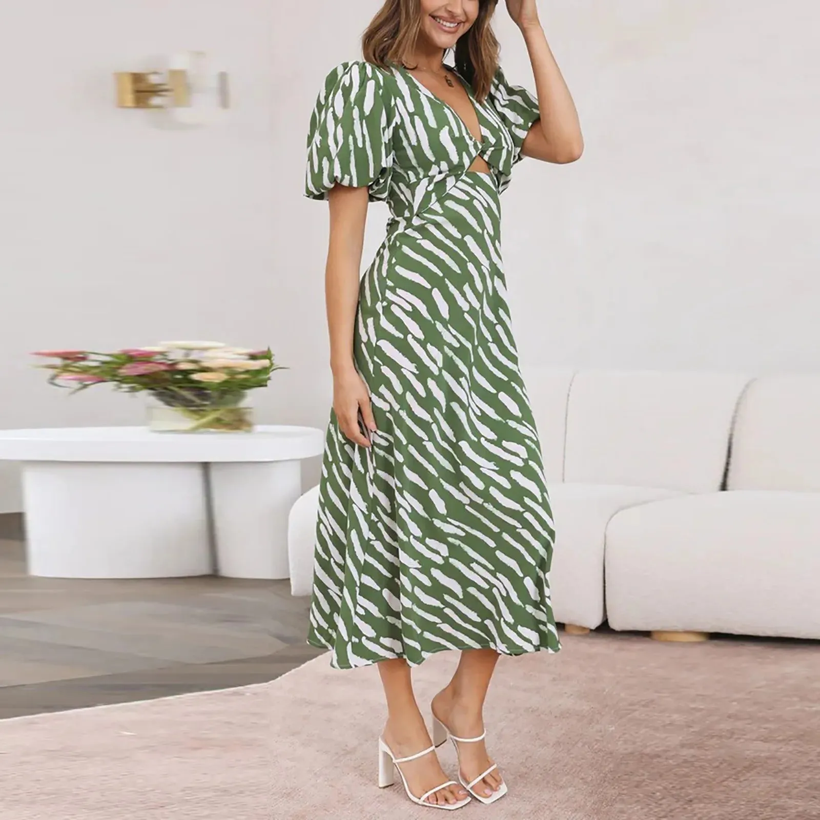 DressBetty - 2024 Elegant Boho Stripe Print V-Neck Puff Sleeve Midi Dress