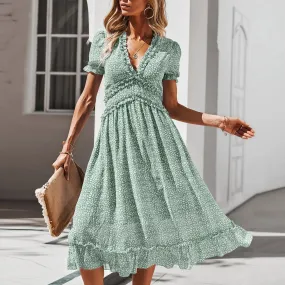 DressBetty - 2024 Summer Short Sleeve V-Neck Flowy Chic Party Beach Midi Dress