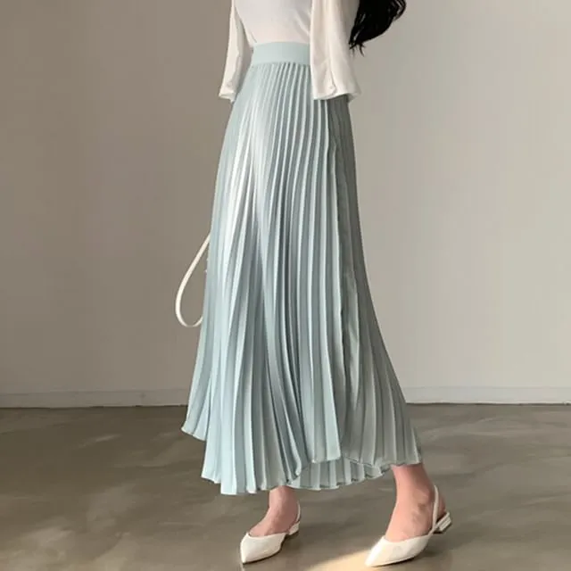 Elastic Waist Plain Accordion Pleated Midi A-Line Skirt